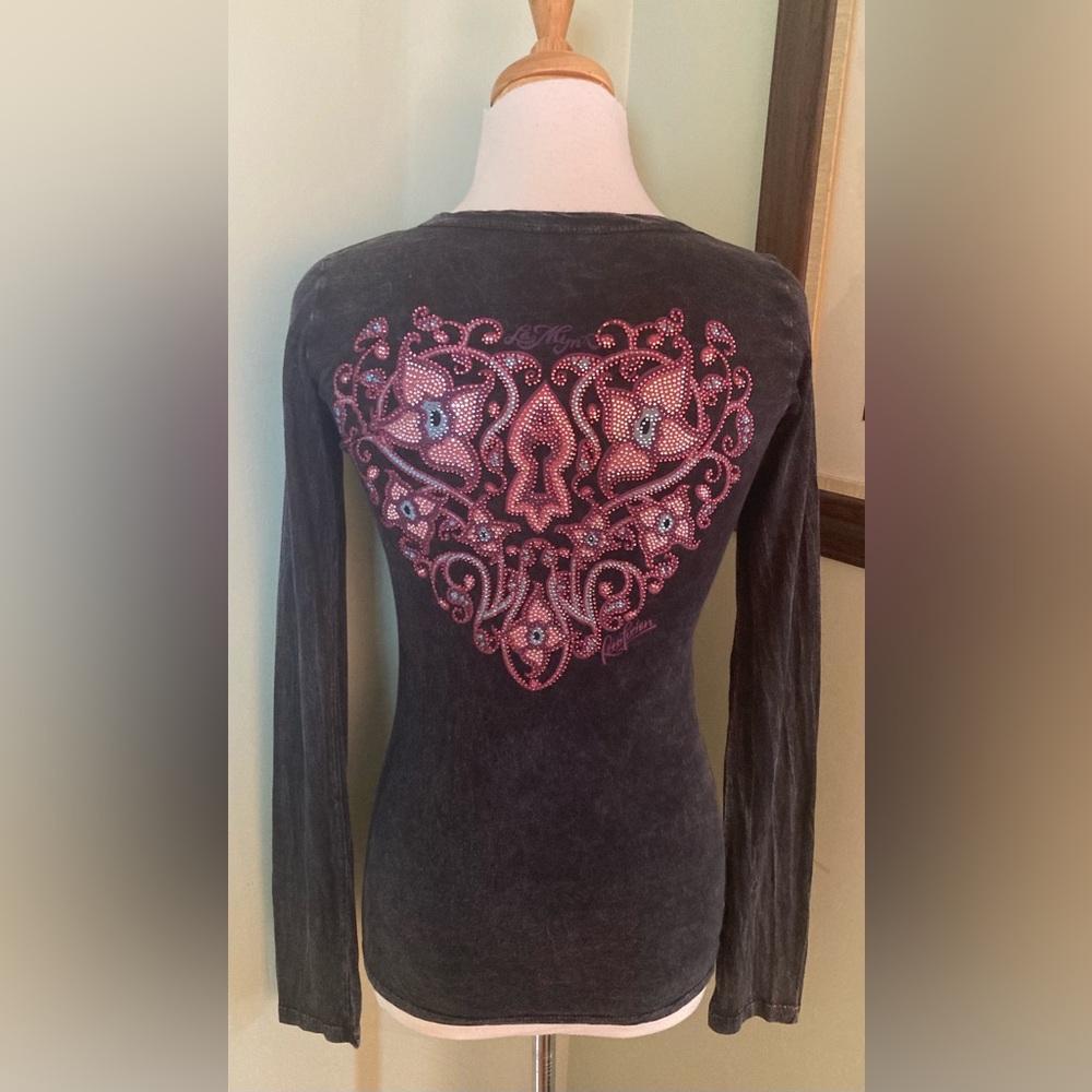 LA Mynx Vintage y2k Rhinestone Tee Shirt Top Heart V neck size S
